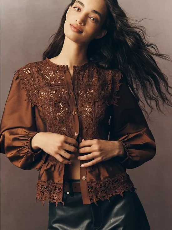 NWT By Anthropologie Long-Sleeve Eyelet Lace Blouse Brown - Picture 1 of 7